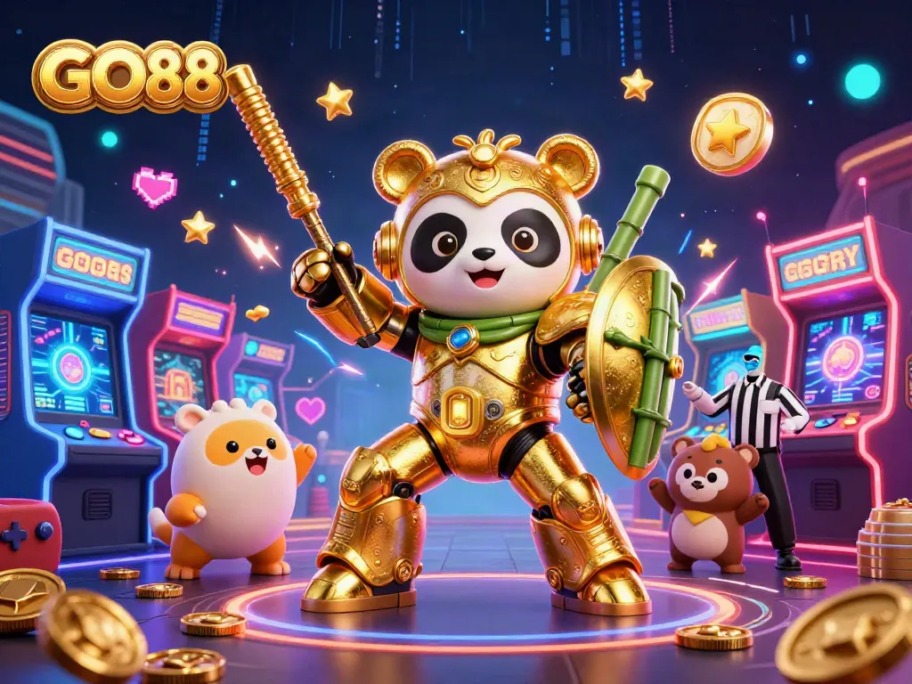 Engage in thrilling gameplay at GO88, featuring a mech-suit panda in a vivid casino arena.