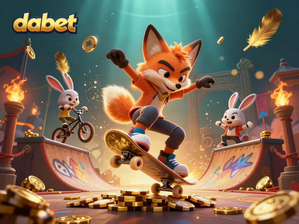 Dabet enhances the casino scene with a skateboarder fox and BMX rabbit amidst golden poker chips and graffiti.