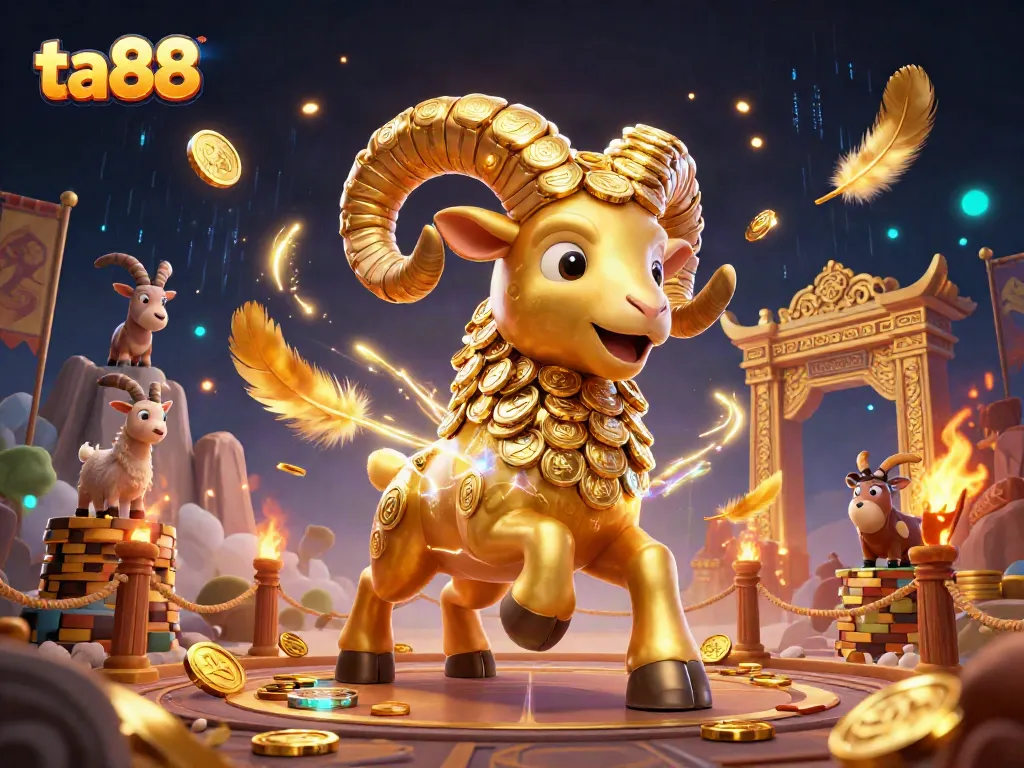 ta88 showcases a dynamic golden ram charging through an animated casino scene filled with coins and banners.