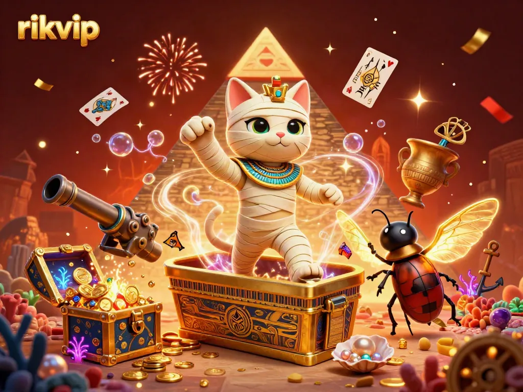 Watch the vibrant rikvip mummy cat triumphantly emerge from its sarcophagus amidst glowing elements and confetti