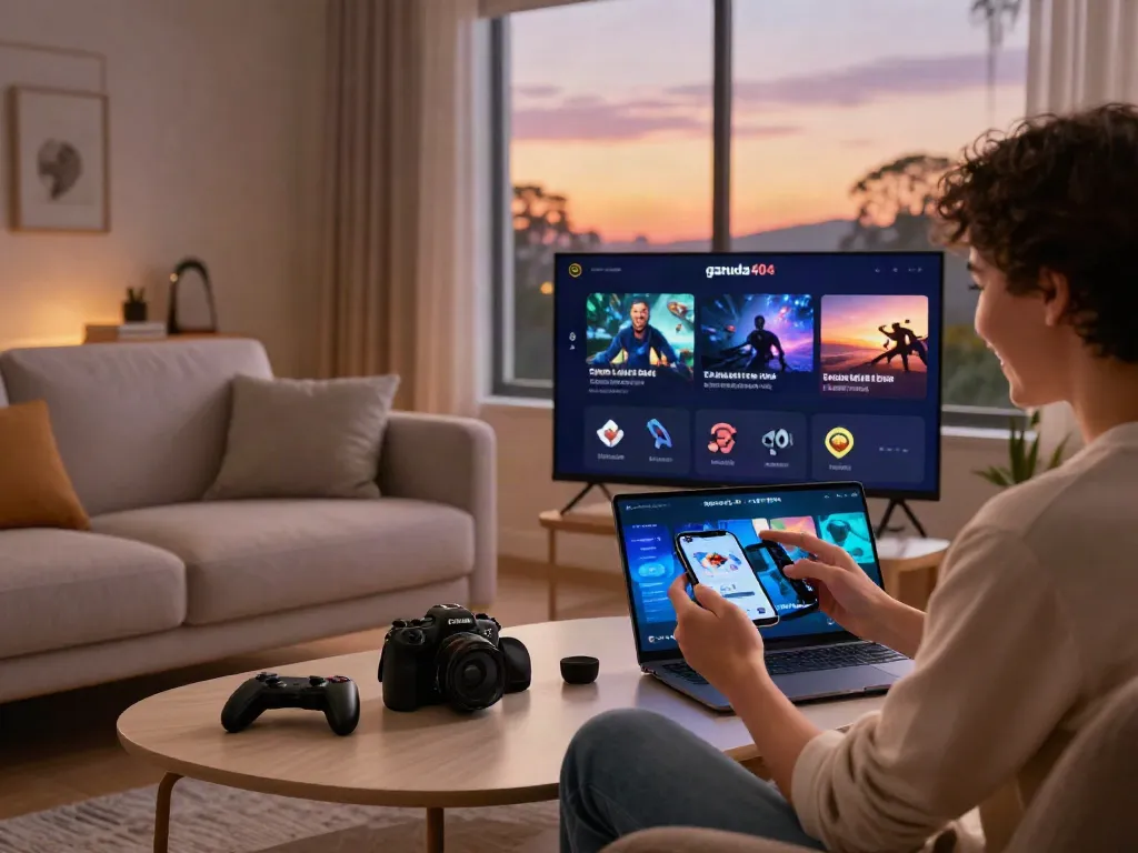 Engaging with garuda404 gaming platform on smartphone and laptop in a cozy living room.