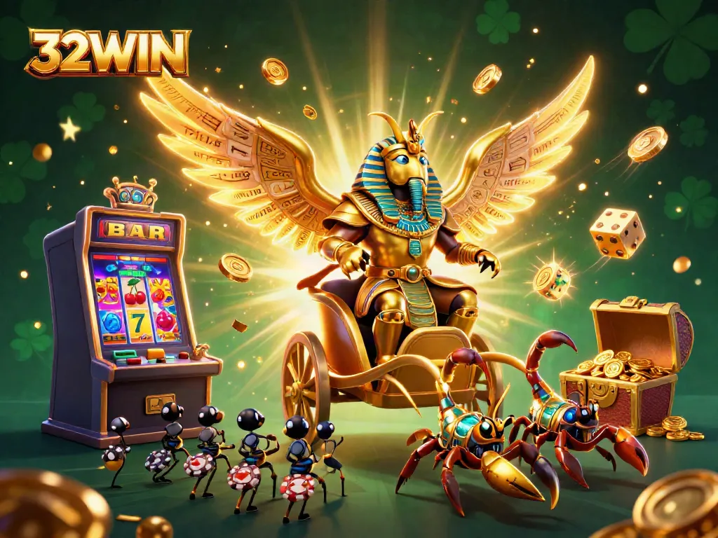 Experience the excitement at 32WIN with a magnificent golden scarab beetle leading a jackpot celebration in an animated casino setting.