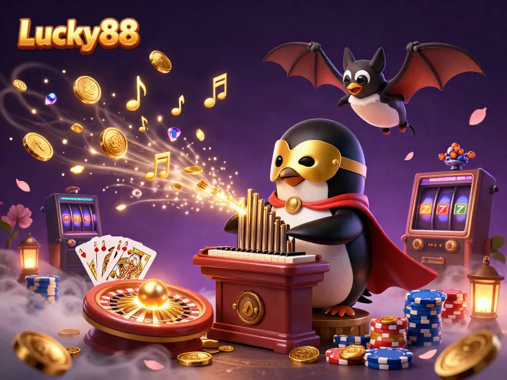 Experience thrilling gameplay at Lucky88 with golden coins flying and vibrant casino elements.