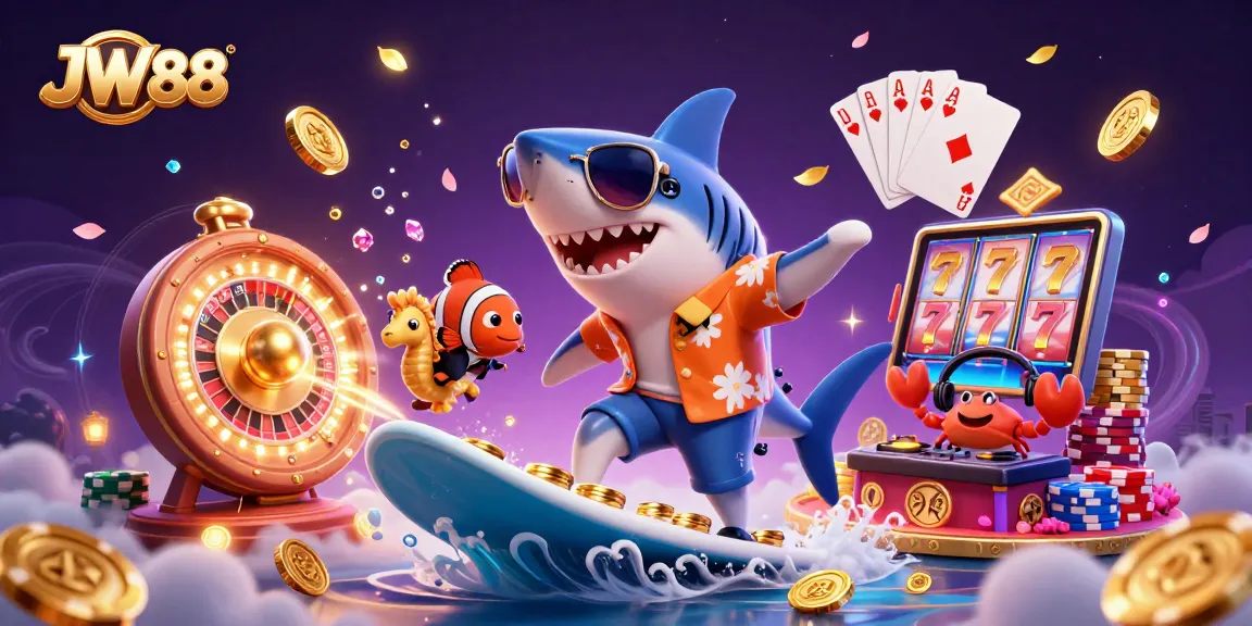 Engage with the excitement of JW88 casino featuring a playful hammer-head shark, clownfish, and crab DJ amid dynamic gold coin waves.