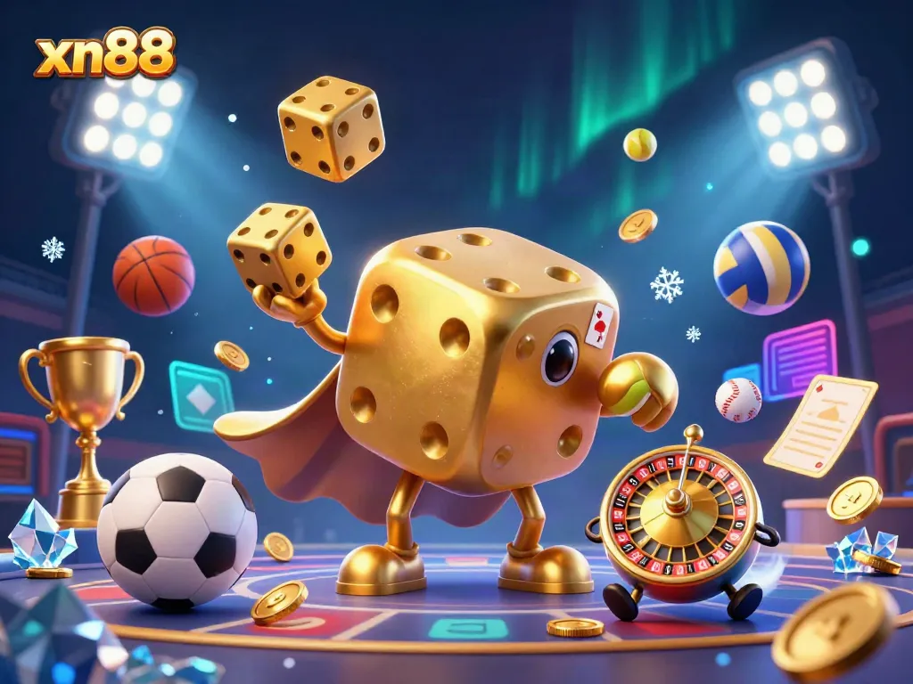 Experience excitement with xn88 as a golden dice golem juggles in a vibrant betting atmosphere.