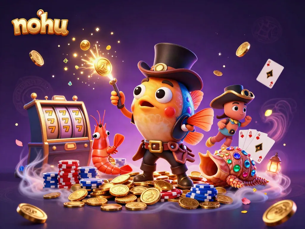 Engage with nohu's thrilling slot games in a vibrant, detailed 3D scene filled with golden coins and treasures.