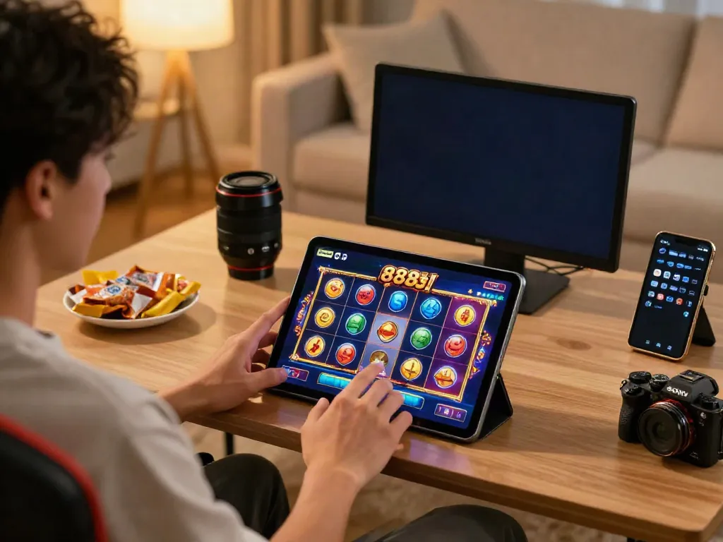 Player enjoying slot88 games on a tablet in a cozy living room.