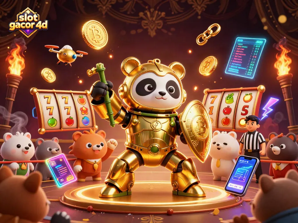 Menangkan jackpot slot gacor 4d dalam ilustrasi kasino medali emas dengan panda bertema.