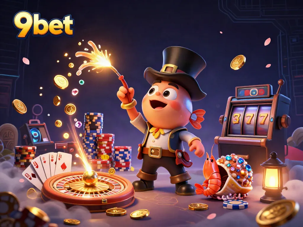 Experience excitement with 9bet's vibrant 3D illustration showcasing thrilling casino elements.