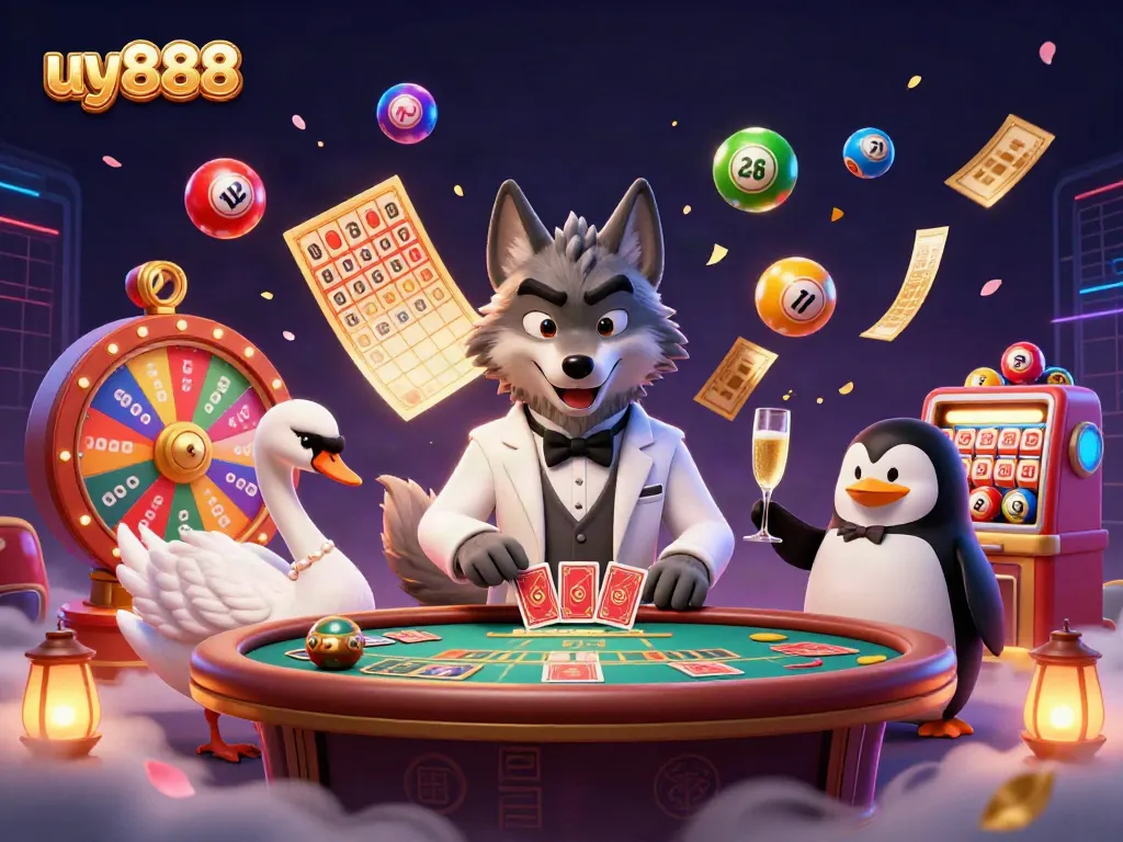 Engage with the thrilling world of uy888 at an ultra-detailed casino scene, showcasing vibrant characters amidst rich gambling elements.