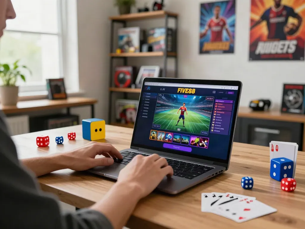 Engaging with FIVE88 gaming platform in a cozy home office, highlighting vibrant gaming elements.
