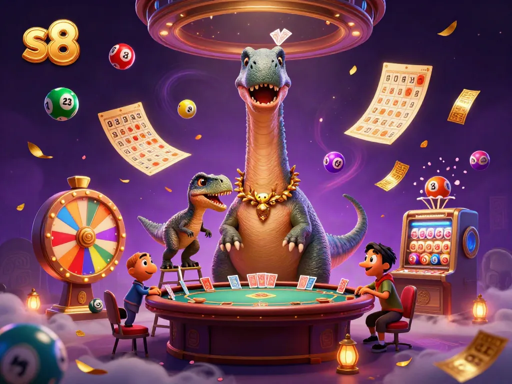 S8 casino scene with a giant brontosaurus and raptor dealer among dynamic gaming elements