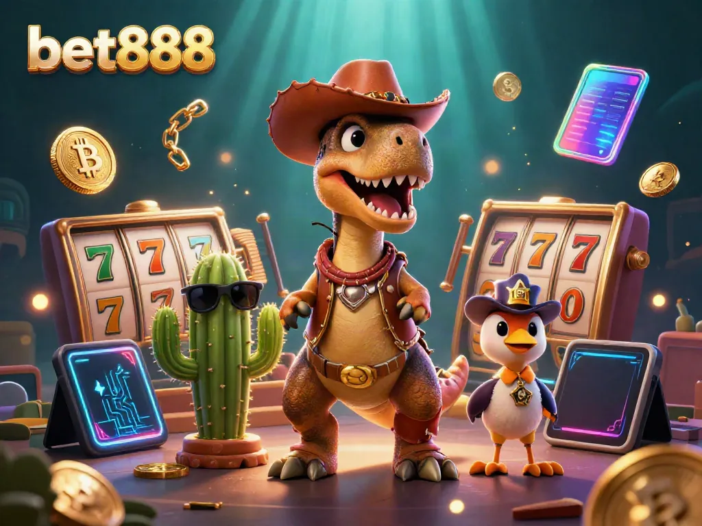 Engage with bet888's thrilling slot experience alongside a lively T-Rex and friends.