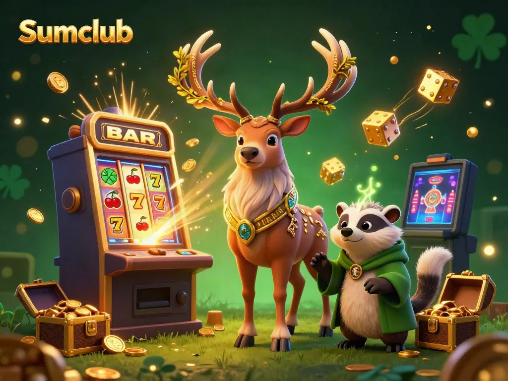 Experience thrilling action at Sumclub with characters celebrating a jackpot amidst dazzling casino elements.