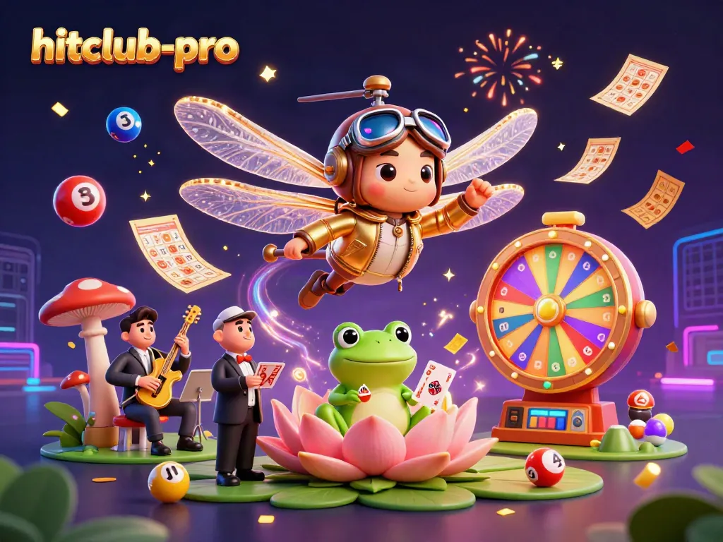 Engage with hitclub-pro at a vibrant lily pad casino, featuring animated characters and gambling elements.