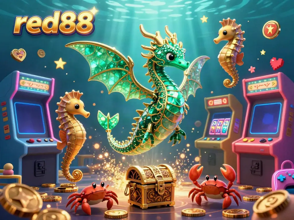 Engage with red88's vibrant underwater casino scene featuring a sea dragon, slot reels, and glowing treasures.