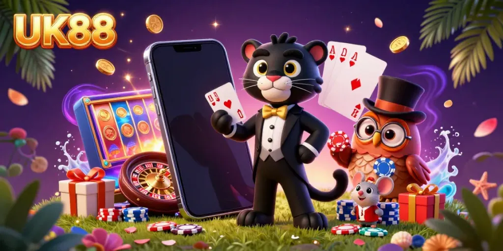 Engage with UK88 by playing thrilling card games amidst colorful casino elements and vibrant characters.