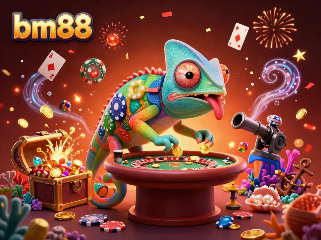 Engage in thrilling casino action with bm88, featuring a chameleon owner amidst a vibrant scene.