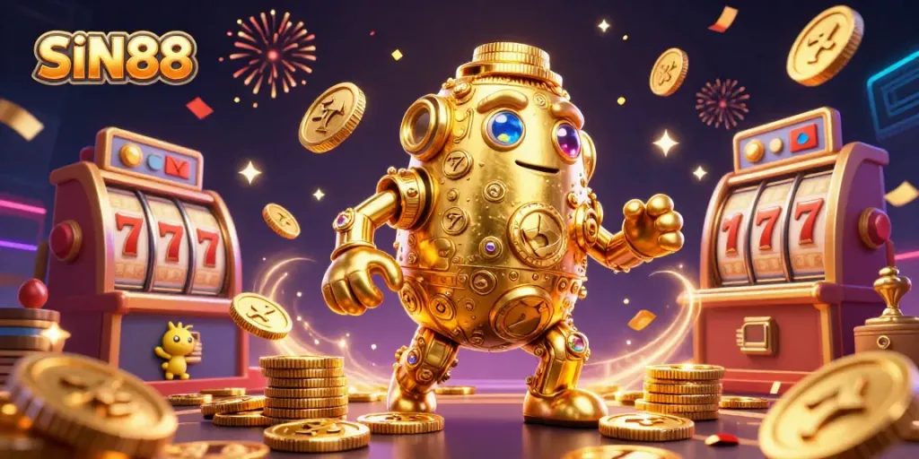 Experience the excitement of SIN88 with a golden golem surrounded by vibrant slot elements.