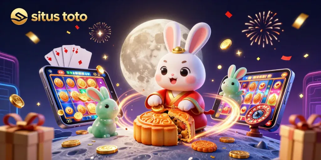 Experience situs toto excitement with a captivating 3D moon rabbit scene revealing poker chips and slot games.