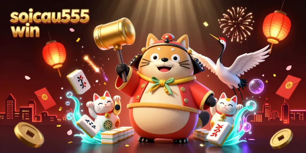 SoiCau555 win showcases vibrant characters including a cheerful tanuki in festival attire amidst dynamic casino elements.