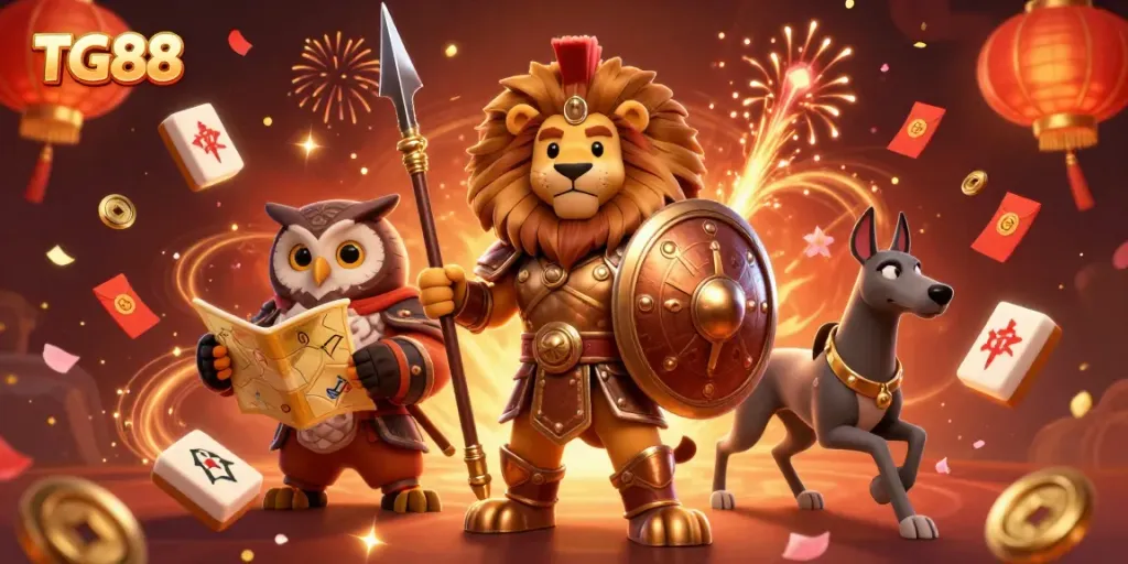 Experience the thrilling action of TG88 with vibrant characters amidst a festive casino atmosphere.