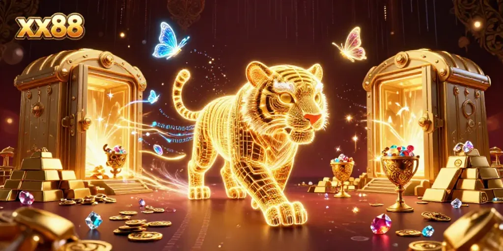 Engage with the magical world of xx88 as a golden tiger prowls through a vibrant casino landscape.