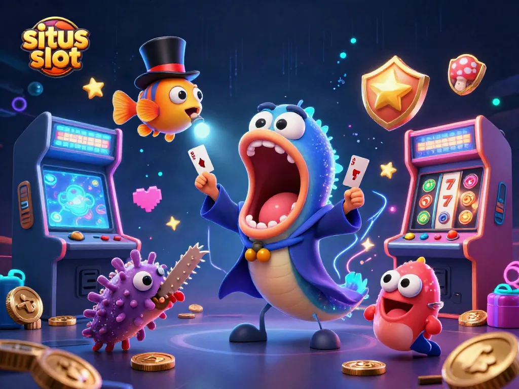 Situs slot illustration featuring a bioluminescent eel magician performing tricks, surrounded by vibrant casino elements