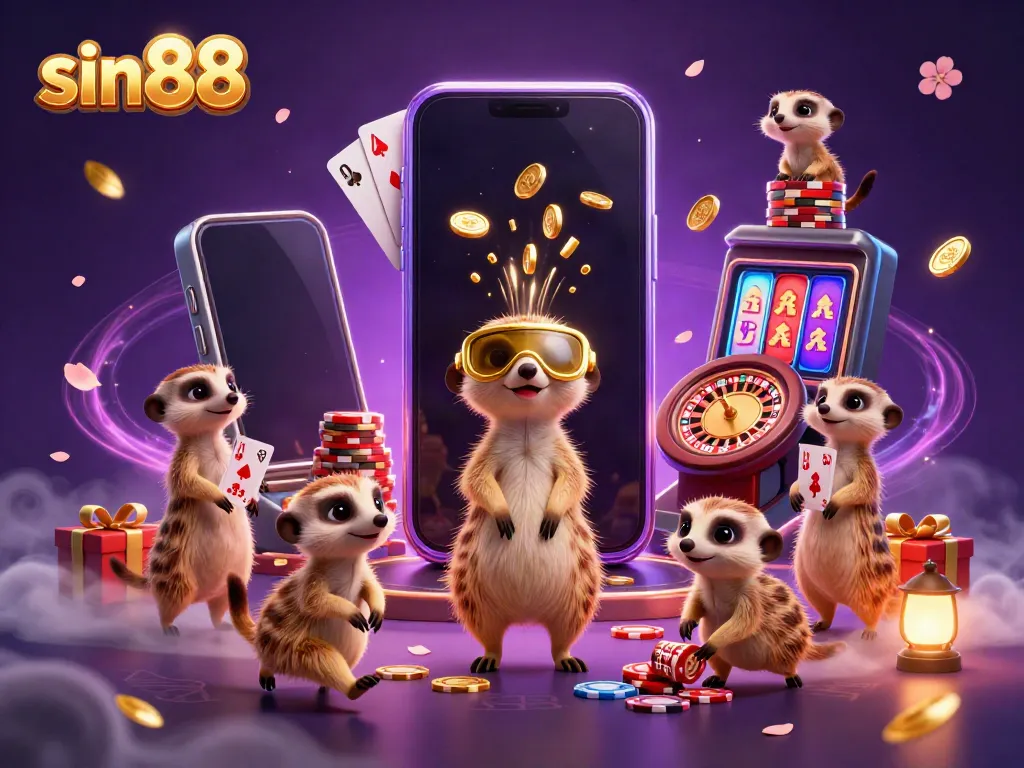 Experience the vibrant world of sin88 with meerkats managing a bustling casino operation.