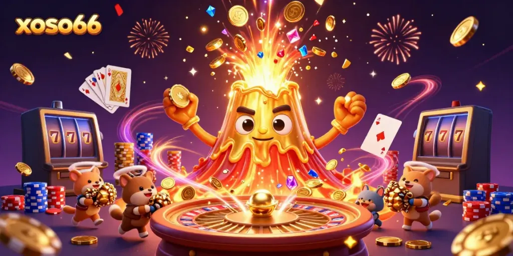 Experience thrilling wins with xoso66, featuring a golden volcano erupting coins and vibrant treasures.