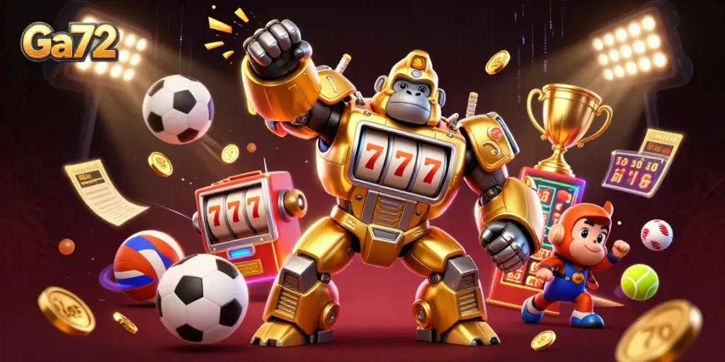 Ga72 reveals winning strategies with an exciting 3D illustration of a gorilla mech and dynamic sports elements.