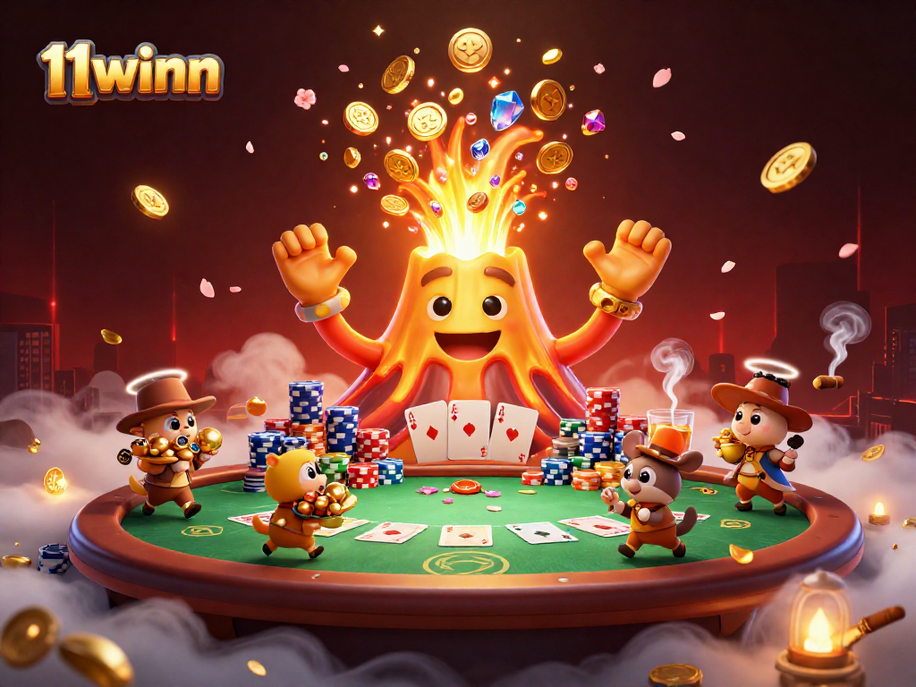 11winn captivating illustration showcasing a golden volcano erupting coins and tiny explorer animals at a poker table
