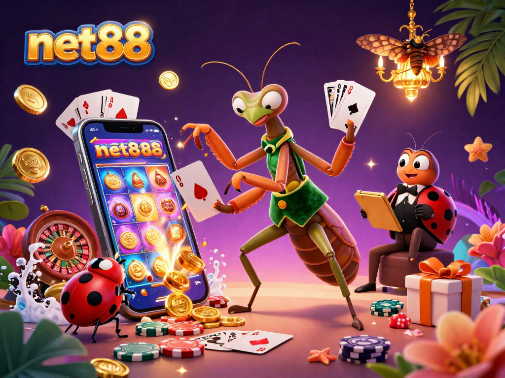Experience the excitement of net88 with a vibrant casino scene featuring a giant praying mantis and ladybug in action.