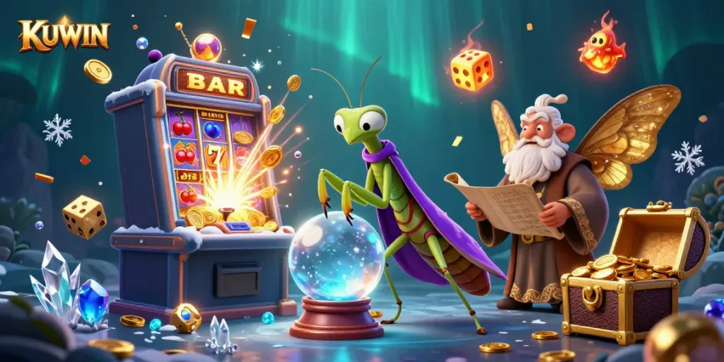 Spin to win at KUWIN with a vibrant casino scene featuring fortune tellers and a jackpot!