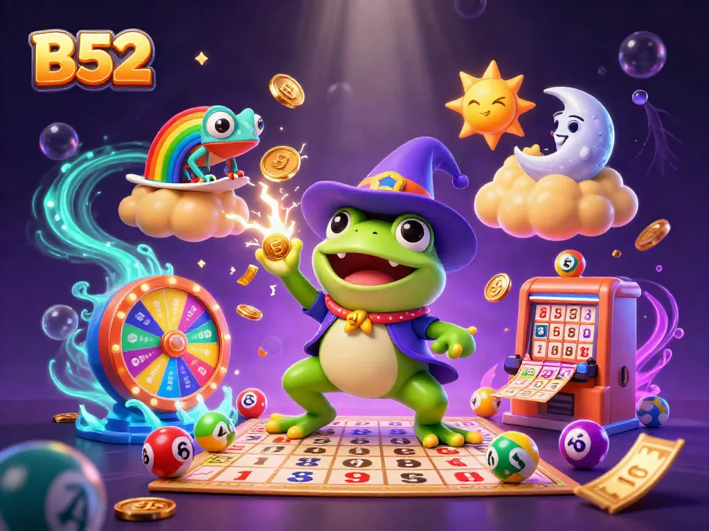 Experience the thrill of winning at B52 with gold coins, colorful lottery balls, and vibrant game elements.