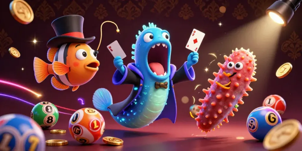 Soi cầu wap featuring a bioluminescent eel performing tricks in a lively casino scene with vibrant lottery elements.