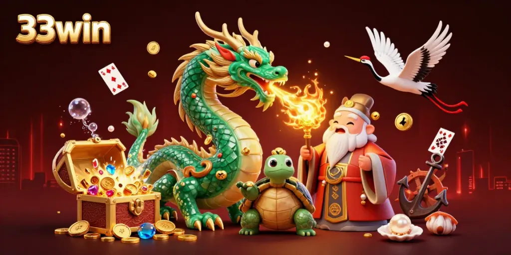 Witness the massive emerald jade dragon at 33win breathing fire amidst a vibrant online casino scene.