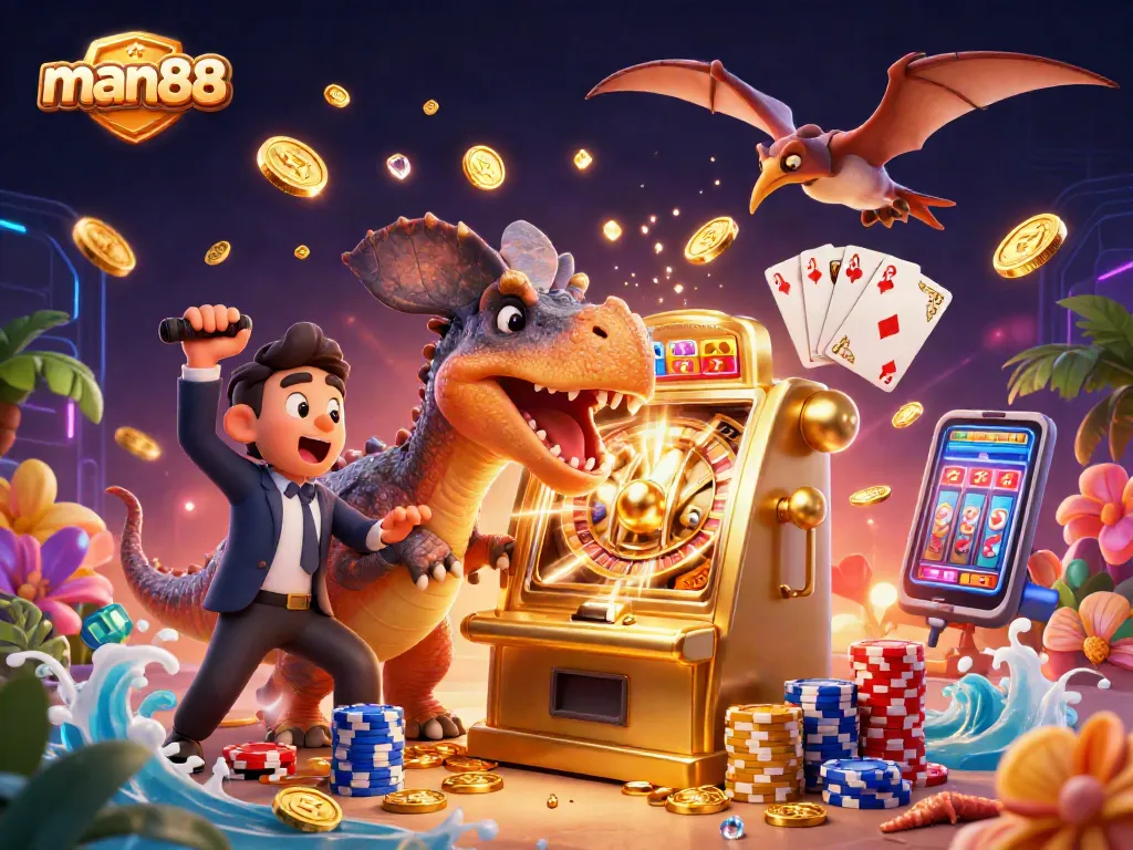 Experience the excitement of man88 as a pachycephalosaurus wins jackpots at a casino with coins flying everywhere.