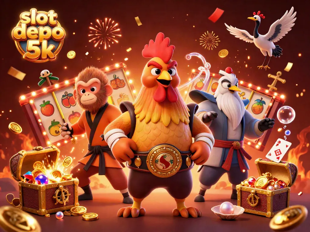 Experience the excitement of slot depo 5k with dynamic slot reels and vibrant characters in an energetic casino scene.
