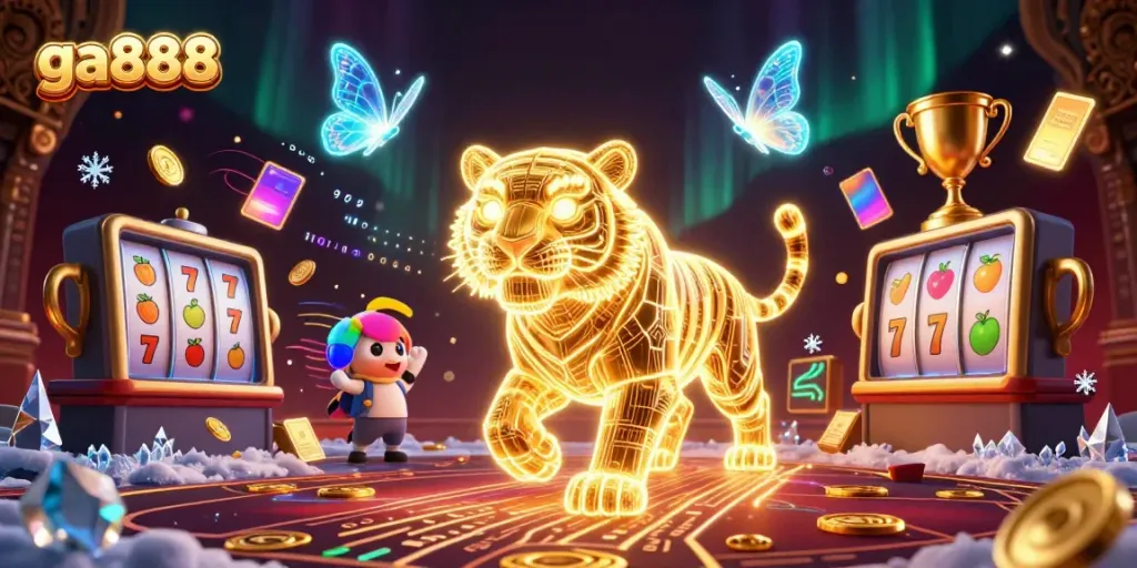 Experience thrilling gameplay with ga888's vibrant casino universe featuring a neon tiger and dazzling slot elements.
