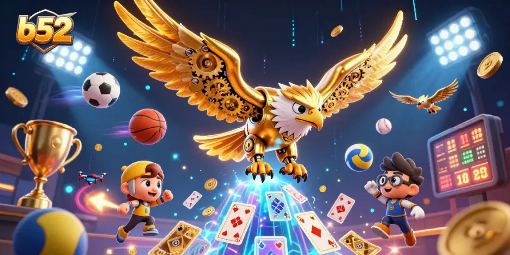 B52 themed illustration showcasing a cybernetic eagle amidst dynamic casino elements, highlighting sports betting.