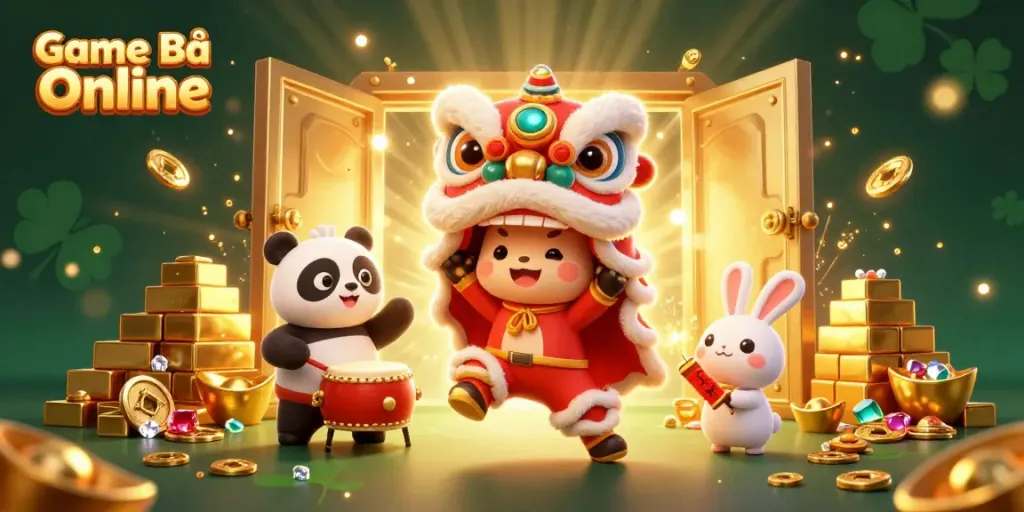 Experience Game Bài Online with a vibrant 3D scene of festive characters and treasure elements in a casino atmosphere.
