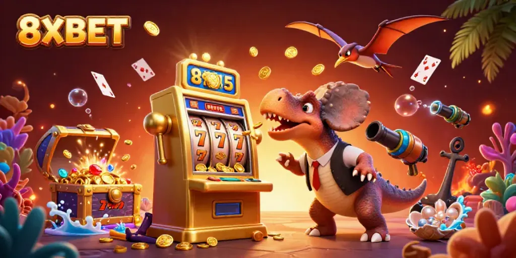 Experience the exciting 8XBET slot machine scene with a dinosaur twist catching jackpots!