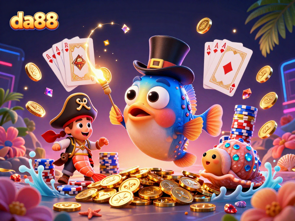 Experience the magic of da88 with 3D cartoon characters celebrating casino wins in a vibrant underwater scene.