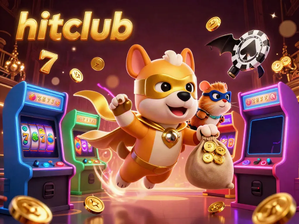 Engage in fun casino action with hitclub, featuring a superhero dog and hamster amid vibrant slots, gold coins, and neon visuals.