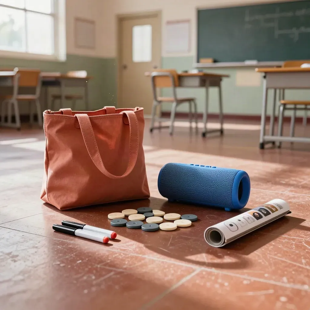 Zestaw warsztatowy dla szkół: torba, kapsle markerów, tokeny magnetyczne i głośnik na podłodze.