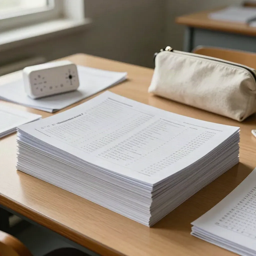 Materiały do próbnego egzaminu na stole w jasnej klasie, z timerem i odwróconymi kartkami.