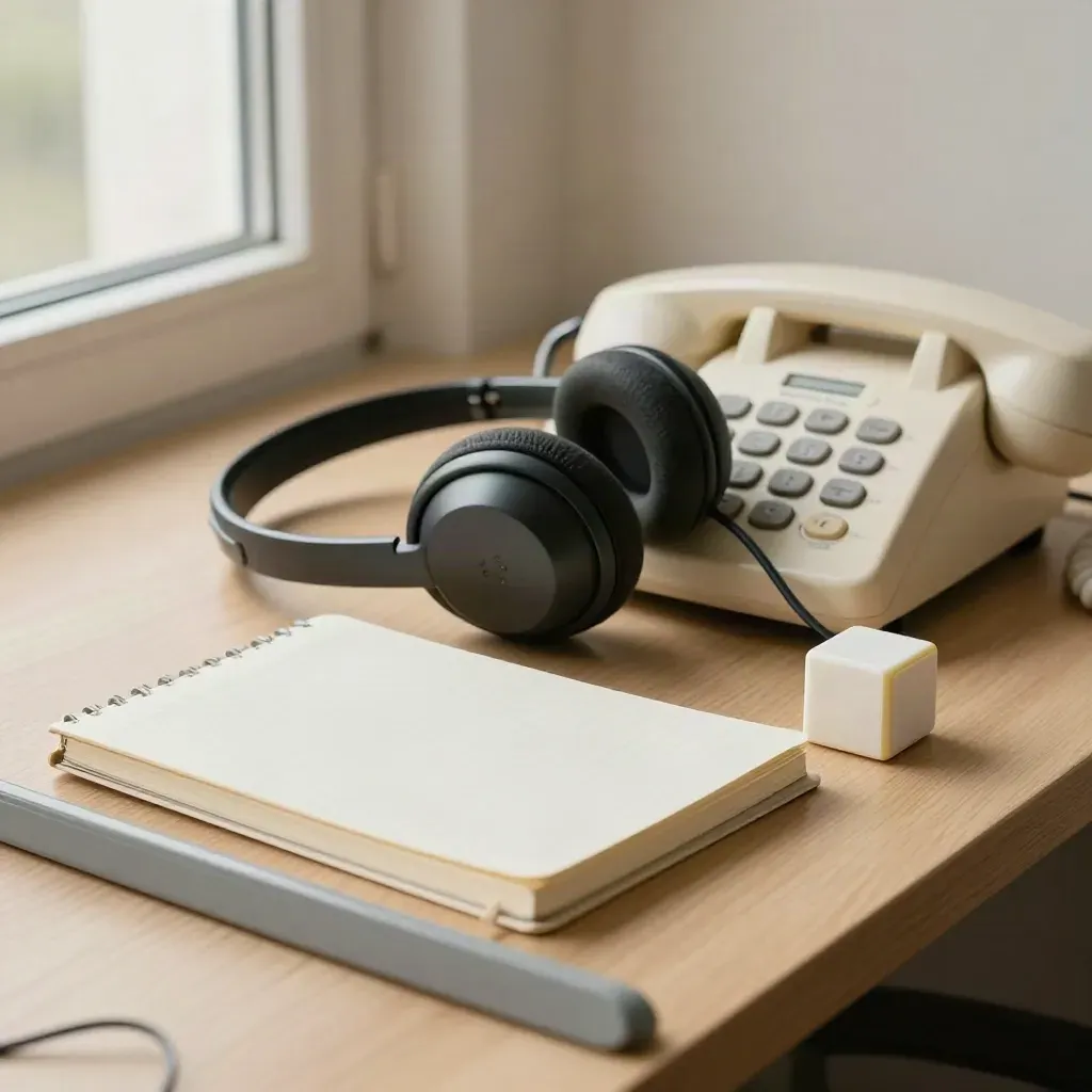 Słuchawki, telefon i notatnik obok timera na jasnym drewnie.