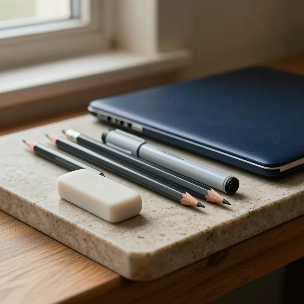 Minimalistyczny zestaw do nauki: granatowy laptop, ołówki i korektor na jasnym kamiennym blacie