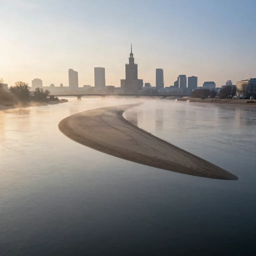 Warszawska panorama nad zakolem Wisły o świcie, we mgle i spokojnej tafli wody.